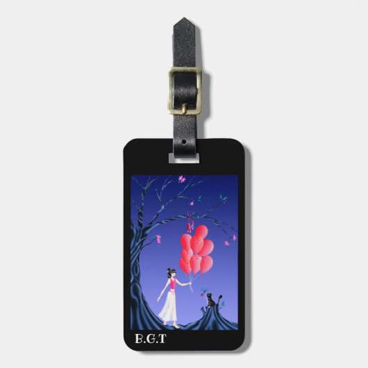 Niedlicher Cat & Ballerina am Mitternachtsbaum Gepäckanhänger (Vorderseite vertikal)
