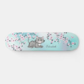 Niedlicher Cat Cherry Blossom Pink Türkis Name Skateboard (Horizontal)