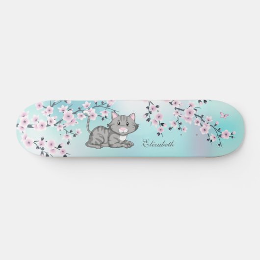 Niedlicher Cat Cherry Blossom Pink Türkis Name Skateboard (Horizontal)