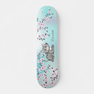 Niedlicher Cat Cherry Blossom Pink Türkis Name Skateboard