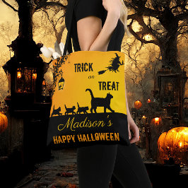 Niedlicher Cat Family Trick oder Treat Halloween Tasche