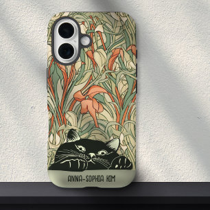 Niedlicher Cat Floral Art Nouveau Green Red Indivi iPhone 16 Hülle