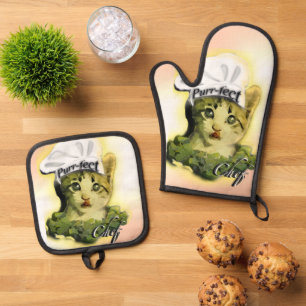 Niedlicher Cat Purr-fect-Koch Ofenhandschuh & Topflappen-Set
