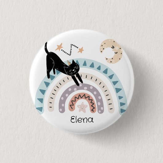 Niedlicher Cat Rainbow Unicorn Individuelle Name Button (Vorderseite)