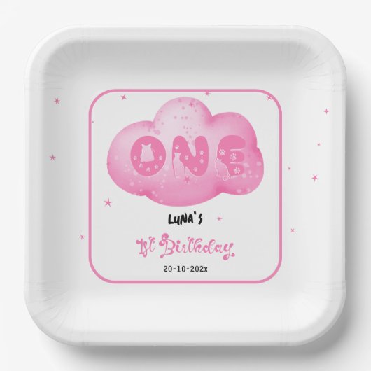 Niedlicher Cat Schriftart Wasserfarbe Rosa Wolke 1 Pappteller (Vorderseite)