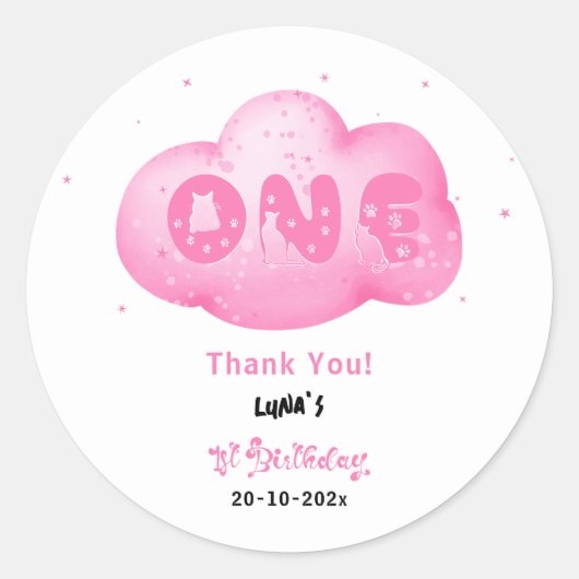 Niedlicher Cat Schriftart Wasserfarbe Rosa Wolke 1 Runder Aufkleber (Vorderseite)