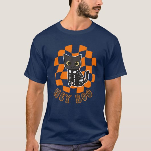 Niedlicher Cat Skeleton Checkerboard Trick oder T-Shirt (Vorderseite)