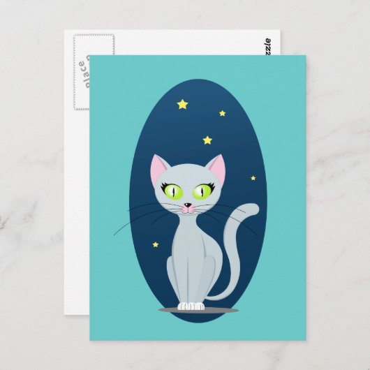 Niedlicher Cat Starry night sky Cartoon mit benutz Postkarte (Vorne/Hinten)