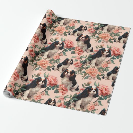 Niedlicher Cavalier King Charles Blumenmuster Geschenkpapier (Ungerollt)