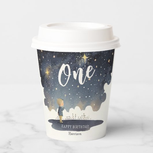 Niedlicher Celestial Birthday Stars Watercolor Boy Pappbecher (Vorderseite)