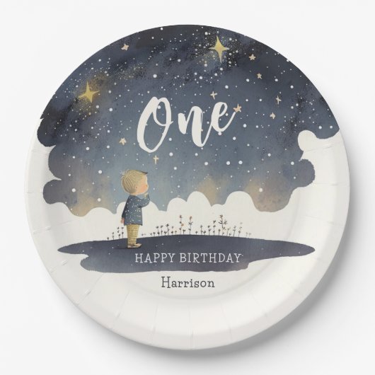 Niedlicher Celestial Birthday Stars Watercolor Boy Pappteller (Vorderseite)
