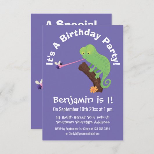 Niedlicher Chamäleon, der einen Bug-Cartoon fängt Einladung (Vorne/Hinten)