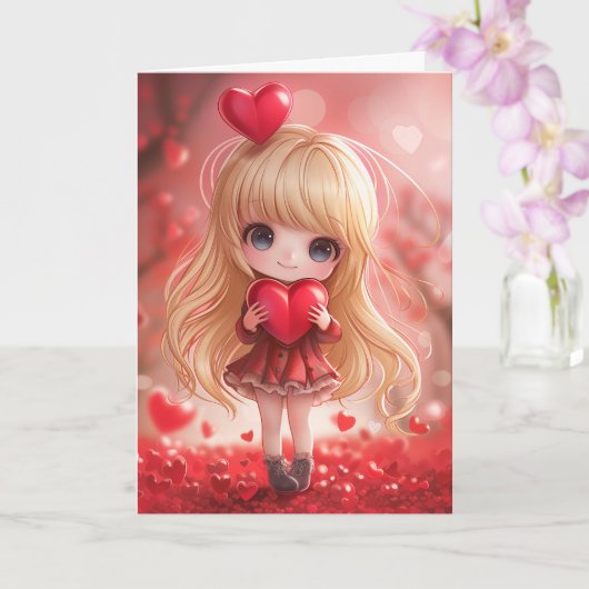 Niedlicher Chibi Blonde mit Herz Karte (Orchidee)