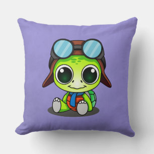 Niedlicher Chibi Cartoon Turtle in Aviator Hat Kissen
