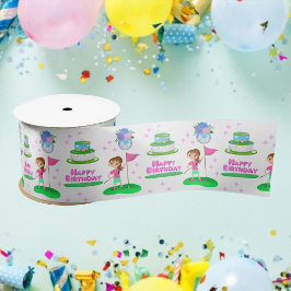 Niedlicher Chibi Girl Geburtstag Golfing Thema Geb Satinband