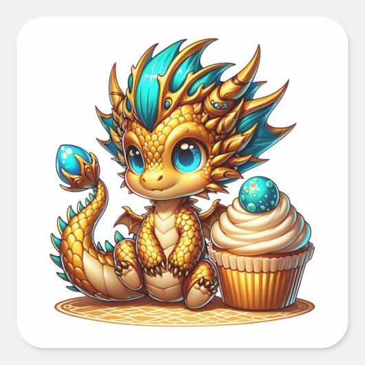 Niedlicher Chibi Gold und Blauer Drache mit Cupcak Quadratischer Aufkleber (Vorderseite)