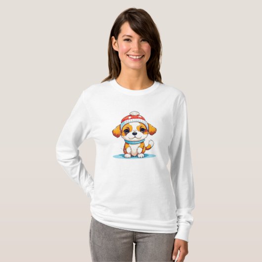 Niedlicher Chibi Kawaii Cartoon Weihnachtswelpen W T-Shirt (Vorne ganz)