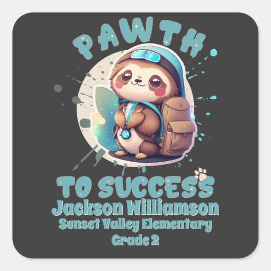 Niedlicher Chibi Kawaii Sloth Name School Grade Quadratischer Aufkleber (Vorderseite)