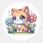 Niedlicher Chibi Orange Kitty Cat in rosa Blume Runder Aufkleber (Vorderseite)