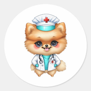 Niedlicher Chibi-Spitz für Hunde Lover Nurse Runder Aufkleber