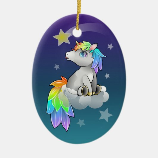 Niedlicher Chibi-Unicorn, Regenbogen- und Sternenv Keramikornament (Vorne)