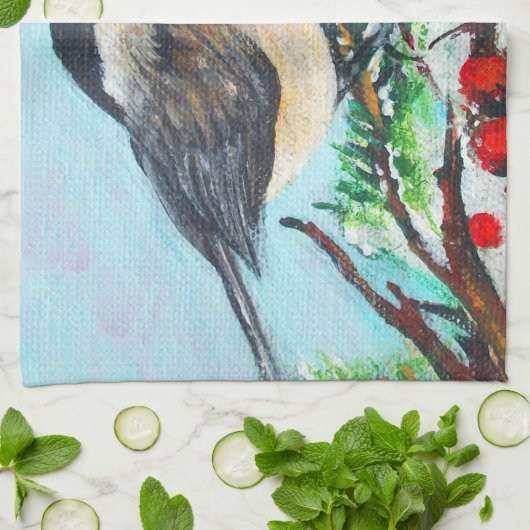 Niedlicher Chickadee-Vogel mit Berries am Zweig Geschirrtuch (Gefaltet)