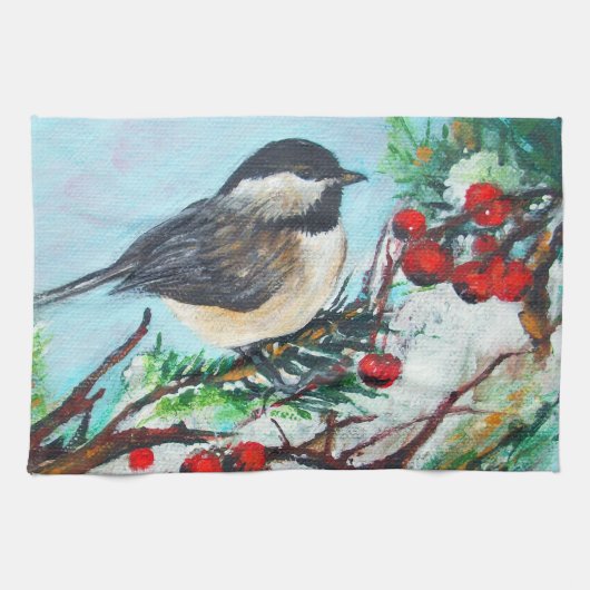 Niedlicher Chickadee-Vogel mit Berries am Zweig Geschirrtuch (Horizontal)