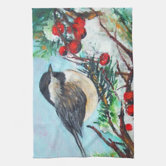 Niedlicher Chickadee-Vogel mit Berries am Zweig Geschirrtuch (Vertikal)