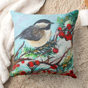 Niedlicher Chickadee-Vogel mit Berries am Zweig Kissen