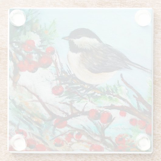 Niedlicher Chickadevogel mit Berries Glasuntersetzer (Rückseite)