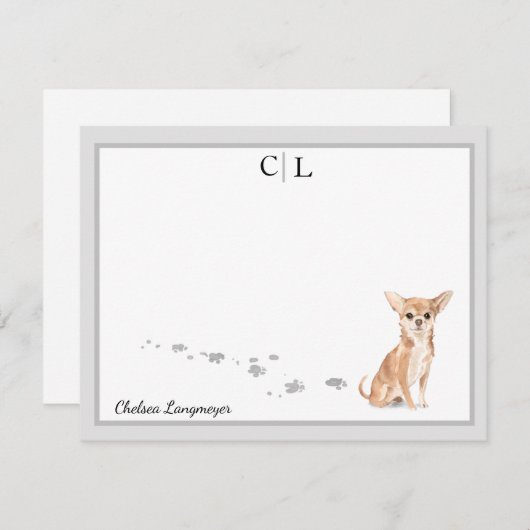 Niedlicher Chihuahua Hund Grau-Grenze Monogramm Ih Mitteilungskarte (Vorne/Hinten)