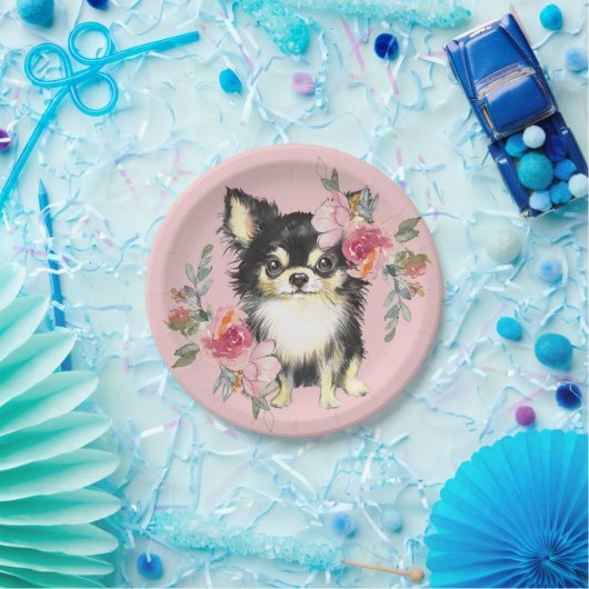 Niedlicher Chihuahua Welpe und Blume Wasserfarben Pappteller (Party)