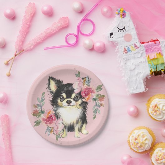 Niedlicher Chihuahua Welpe und Blume Wasserfarben Pappteller (Party)