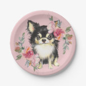 Niedlicher Chihuahua Welpe und Blume Wasserfarben Pappteller (Vorderseite)