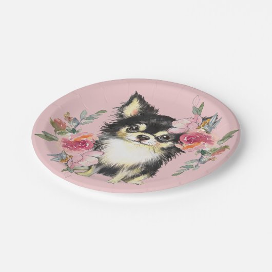 Niedlicher Chihuahua Welpe und Blume Wasserfarben Pappteller (Schrägansicht)