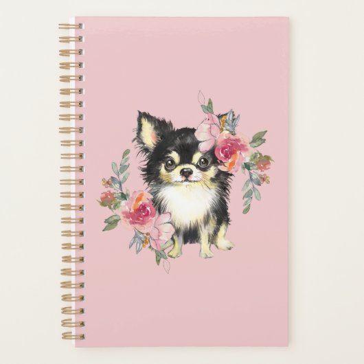Niedlicher Chihuahua Welpe und Blume Wasserfarben Planer (Vorderseite)