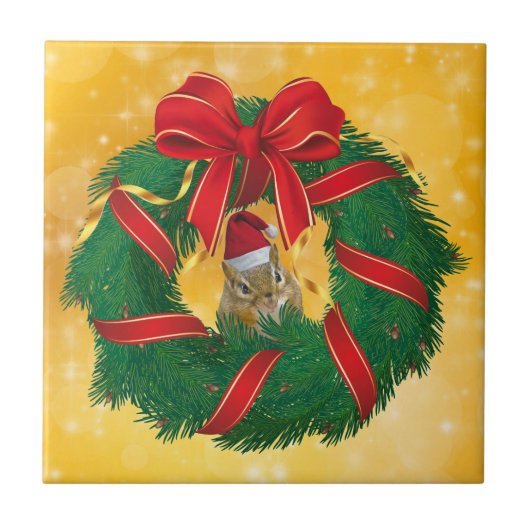 Niedlicher Chipmunk Weihnachtskranz Fliese (Vorderseite)