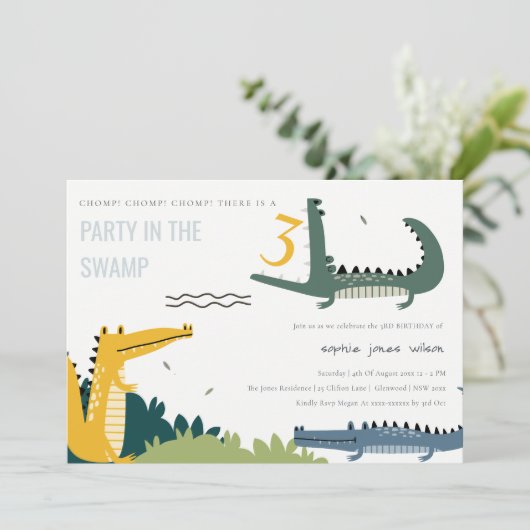 Niedlicher Chomp-Alligator Sumpf jedes Alters Kind Einladung (Stehend Vorderseite)