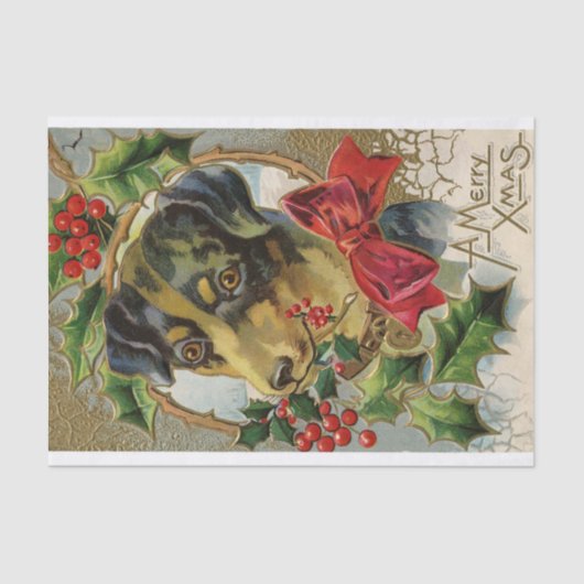 NIEDLICHER CHRISTMAS HUND MIT ROTER BOW UND HOLLYB SEIDENPAPIER (Vorderseite)