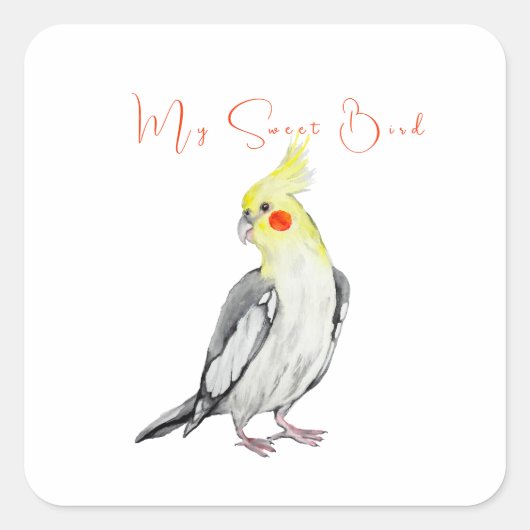 Niedlicher Cockatiel-Aquarellpapagei. Quadratischer Aufkleber (Vorderseite)