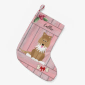Niedlicher Collie Hund Pink Holzzaun Monogramm Kleiner Weihnachtsstrumpf (Vorderansicht (hängend))