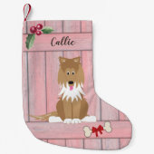 Niedlicher Collie Hund Pink Holzzaun Monogramm Kleiner Weihnachtsstrumpf (Vorderseite)