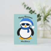 Niedlicher cooler Pinguin Frohe Weihnachtsblauen Postkarte (Stehend Vorderseite)