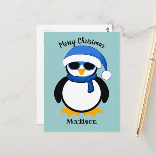 Niedlicher cooler Pinguin Frohe Weihnachtsblauen Postkarte (Vorderseite/Rückseite Beispiel)