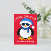 Niedlicher cooler Pinguin Frohe Weihnachtsrot Postkarte (Stehend Vorderseite)