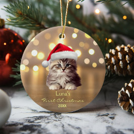 Niedlicher Coon Cat Weihnachtsmannmütze Gold Perso Keramik Ornament