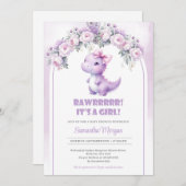 Niedlicher Coquette-Dinosaurier-Mädchen lila Peona Einladung (Vorne/Hinten)