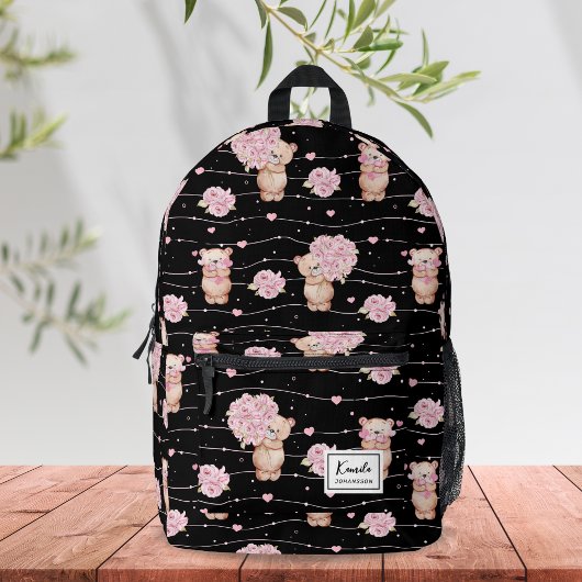 Niedlicher Coquette Teddybär mit rosa Blume nach M Bedruckter Rucksack