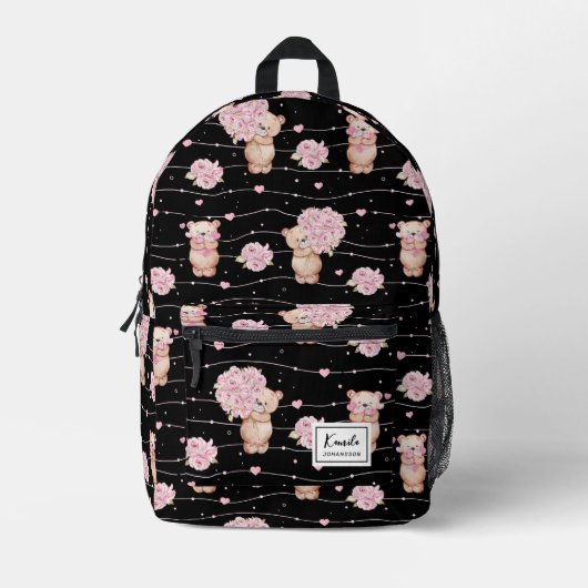 Niedlicher Coquette Teddybär mit rosa Blume nach M Bedruckter Rucksack (Vorderseite)