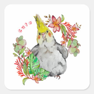 Niedlicher Corella-Papagei in tropischen Blume Kin Quadratischer Aufkleber